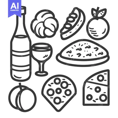 Premium design asset: Illustration depicting various food and beverage items in outline styl