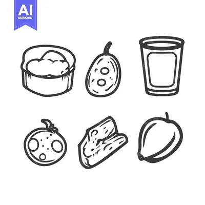 Premium design asset: Six different food illustrations are presented in black outline