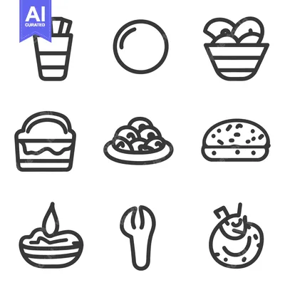 Aset desain premium: Simple line art icons of various food items and objects