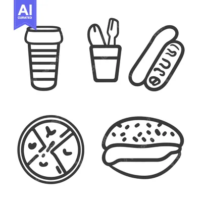 Aset premium populer: Simple line art drawings of assorted fast food items