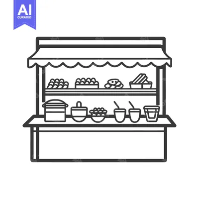 Aset premium populer: A monochrome illustration of a food stall with several items