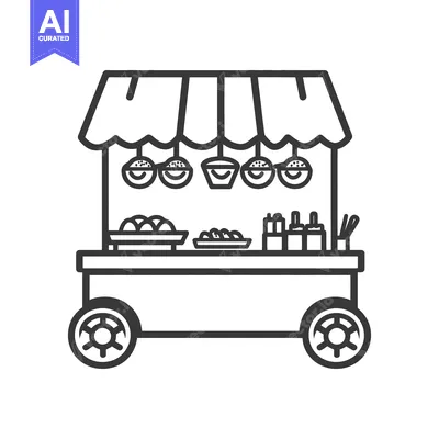 Premium design asset: A line illustration depicting a food cart with various food items