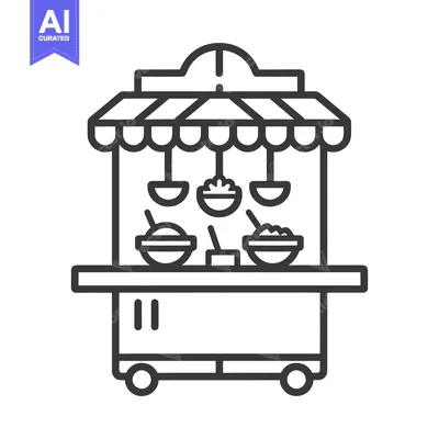 Aset desain premium: A line art illustration of a food cart with awnings and food