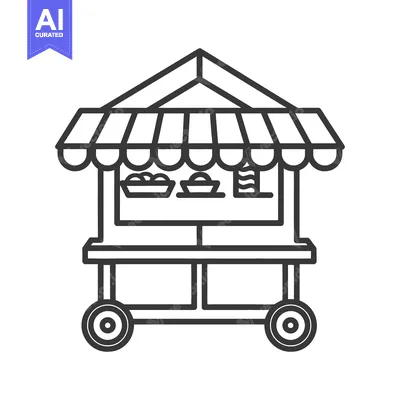 Aset desain premium: A simple outline drawing of a food cart on wheels
