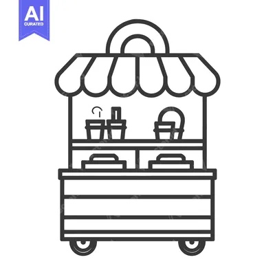 Aset desain premium: A simple line art illustration of a food cart on wheels