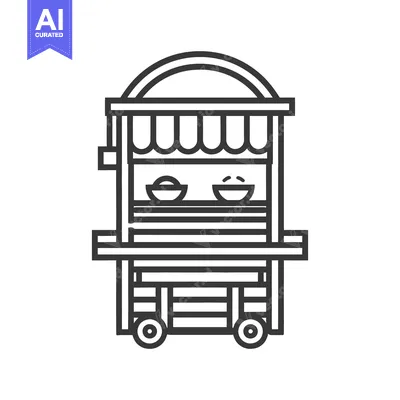 A simple illustration depicting a food cart with awning and wheels