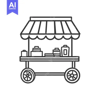Aset premium populer: An outlined illustration of a food cart with goods is shown