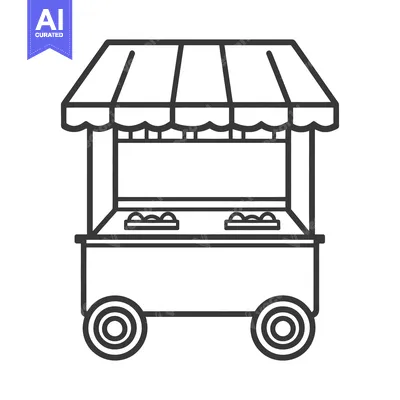 Aset premium populer: Simple black and white illustration of a food cart on wheels