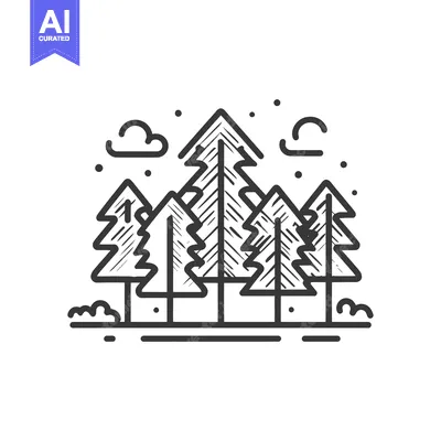 Aset desain premium: Stylized Forest Icon with Trees, Clouds, and Minimalist Design Element