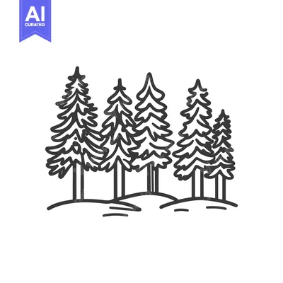 A simple line art illustration depicting a collection of evergreen tre