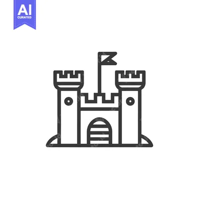 Aset desain premium: Minimalist Castle Icon: Simple Line Art of Medieval Fortress with Flag