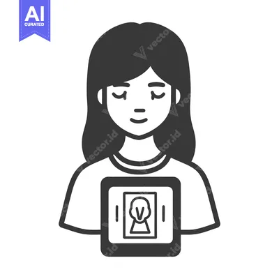 Aset desain premium: A woman holding a tablet displaying a portrait illustration art