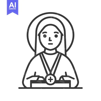 Aset desain premium: A simple black line illustration of a religious female figure