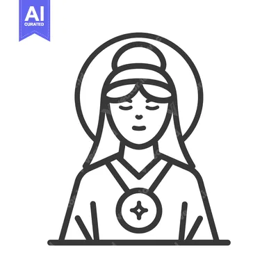 A stylized female figure with a halo and contemplative expression