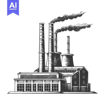 Aset desain premium: Industrial Factory Building Emits Smoke From Tall Chimneys