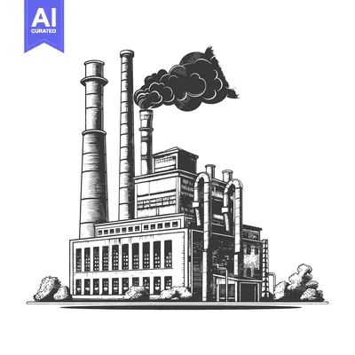 Aset desain premium: Industrial Factory Building With Tall Smokestacks and Smoke