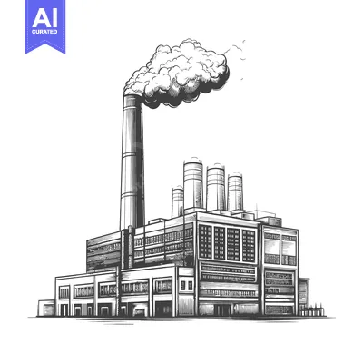 Aset premium populer: Industrial Factory Building Emits Smoke From Tall Chimney