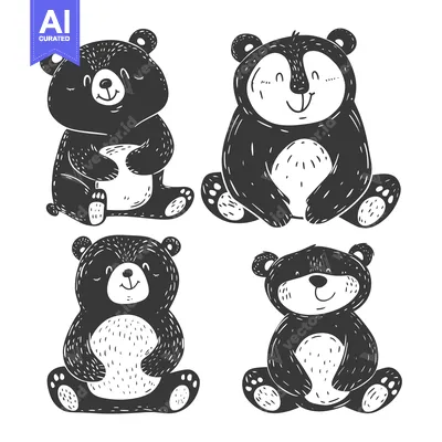 Popular premium asset: Four Adorable Black and White Cartoon Bears Sitting