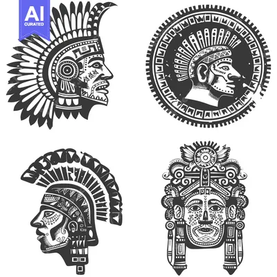 Popular premium asset: Four Black and White Aztec Warrior Head Illustrations