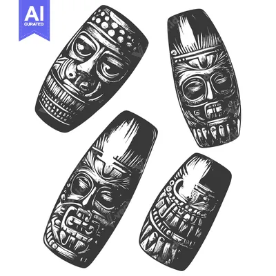 Aset desain premium: Four Black and White Carved Wooden Masks