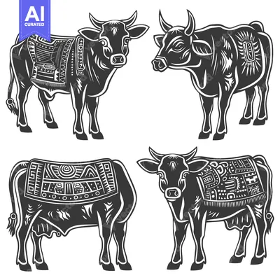 Aset premium populer: Four Black and White Cows with Geometric Patterns