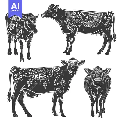 Aset premium populer: Four Black and White Cows with Geometric Patterns