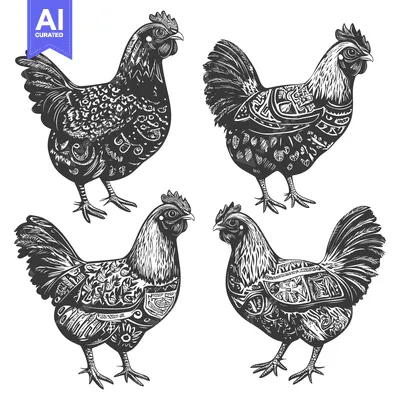 Aset premium populer: Four Black and White Detailed Chickens in Various Poses