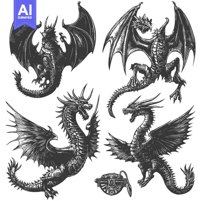 Aset premium populer: Four Black and White Detailed Dragon Illustrations