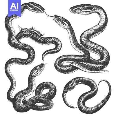 Aset premium populer: Four Black and White Detailed Illustrations of Snakes