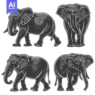 Aset premium populer: Four Black and White Illustrated Elephants with Ornamental Detailing