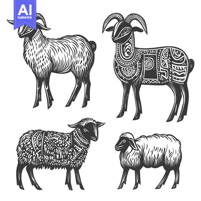 Aset desain premium: Four Black and White Illustrated Goats and Sheep