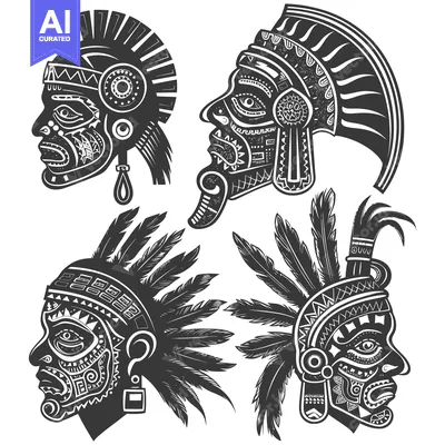 Premium design asset: Four Black and White Illustrations of Native American Warrior Heads