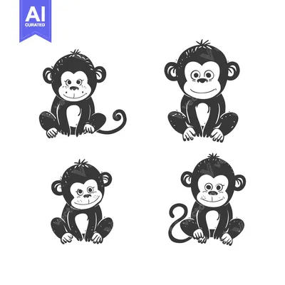 Aset desain premium: Four Black and White Silhouettes of Cartoon Monkeys