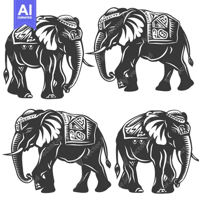 Popular premium asset: Four Black and White Silhouettes of Decorated Elephants