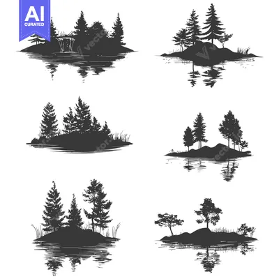 Popular premium asset: Four Black and White Silhouettes of Islands with Trees and Reflections