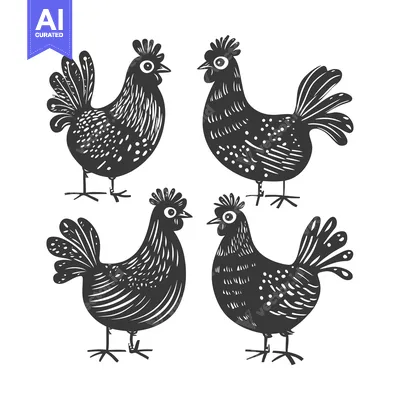 Aset desain premium: Four Black and White Stylized Chickens