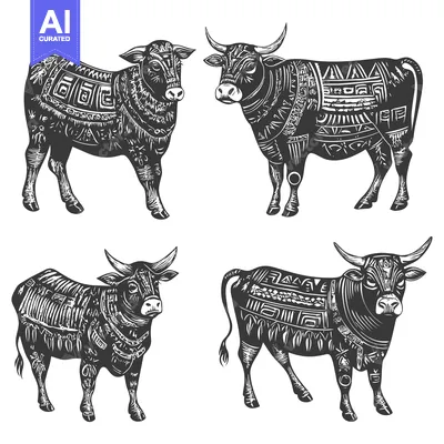 Aset desain premium: Four Black and White Stylized Cows with Ornate Patterns