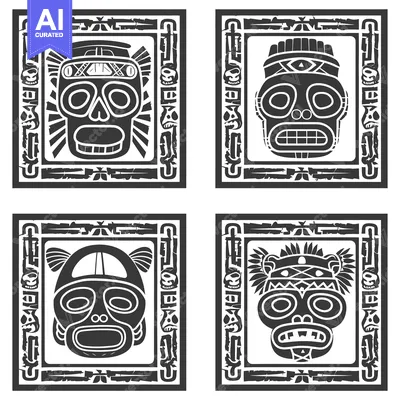 Aset desain premium: Four Black and White Tribal Masks with Detailed Frames