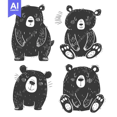 Aset premium populer: Four black bears in different poses, hand-drawn in black and white.