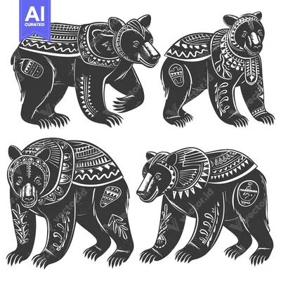 Aset desain premium: Four Black Bears with Tribal Geometric Pattern Decor