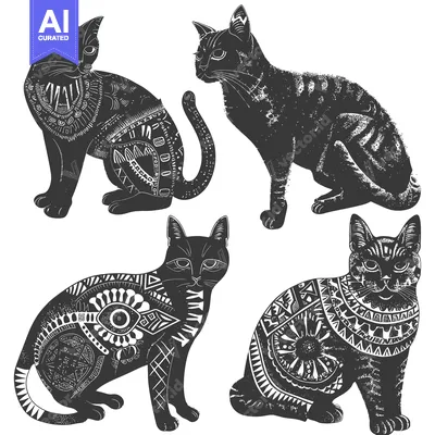 Aset desain premium: Four Black Cats with Ornamental Designs