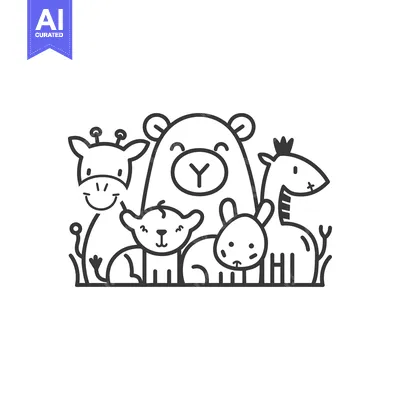 Aset desain premium: Four Cartoon Animals Standing in Grass