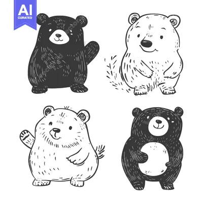 Premium design asset: Four Cartoon Bears in Black and White Sketch Style
