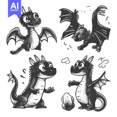 Aset premium populer: Four Cartoon Dragons in Various Poses, Black and White Sketch Style