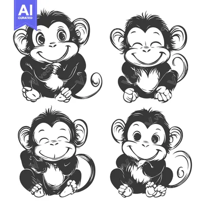 Aset desain premium: Four Cartoon Monkeys with Different Facial Expressions