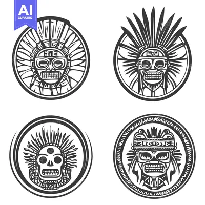 Popular premium asset: Four Circular Designs Featuring Detailed Skull Faces with Feathers and