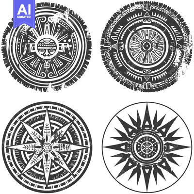 Premium design asset: Four Circular Designs with Tribal Motifs and Grunge Textures