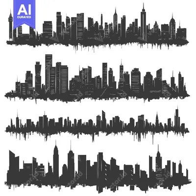 Premium design asset: Four City Skyline Silhouettes with Rough Edges
