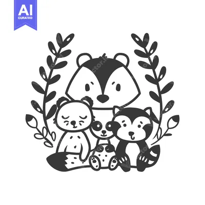 Aset desain premium: Four Cute Cartoon Animals Surrounded by Floral Wreath