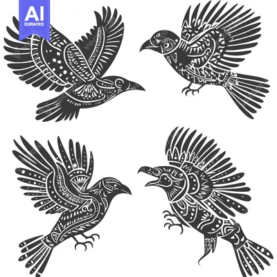 Popular premium asset: Four Detailed Black and White Birds with Ornate Wings and Feathers